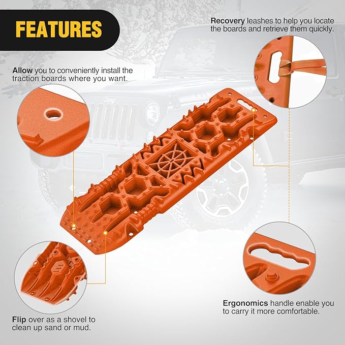 Nilight Recovery Off-road Traction Boards with Jack Lift Base Emergency Tire Ladder Mats For 4WD 4X4 Mud Sand Snow with 2PCS Mounting kit Carry Bag 2 leashes (Orange)