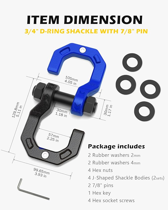 Separate D-Ring Shackles, 2Pack, 3/4" Separate D-Ring Shackles 7/8" Pin, 57320lbs Breaking Strength, Heavy Duty Forged Steel, D-Ring Towing Winch Shackle for Recovery, 4x4 Off-Road, Black Blue