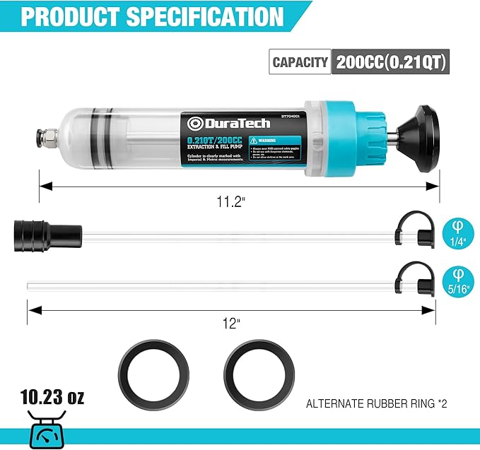 DURATECH 200CC Fluid Extractor Automotive, Fluid Pump with Long Extension Tubes, Oil Syringe with Powerful Suction, Fluid Extractor Pump for Extracting Engine Oil, Transmission Oil and Brake Fluid