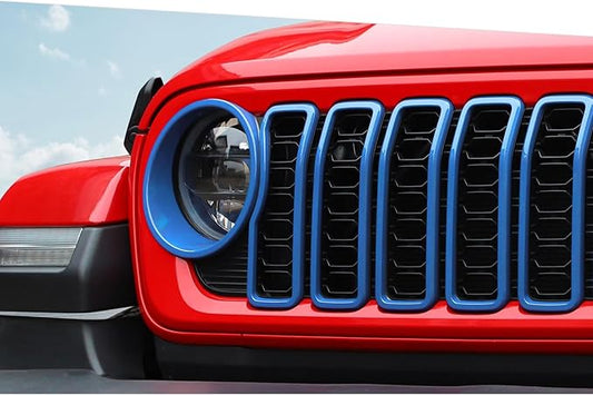Jimen for 2024 Jeep Wrangler 4xe grill inserts, 9PCS Headlight Cover & Grille Insert Compatible with Jeep Wrangler JL JLU 2024+, NOT FIT JL Sport/Sport S (Light Blue)