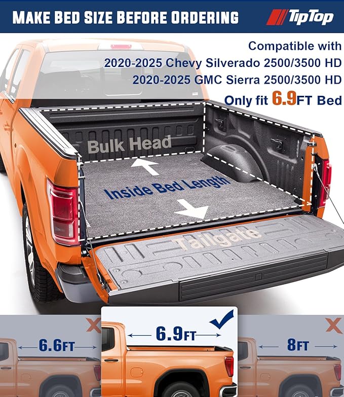 TIPTOP FILP Up Hard Folding Tonneau Cover Fits 2020-2025 Chevy Silverado/GMC Sierra 2500 HD/3500 HD with 6.9ft Bed (82.2in) | Lightweight FRP, Low-Profile Waterproof Truck Bed Cover G3