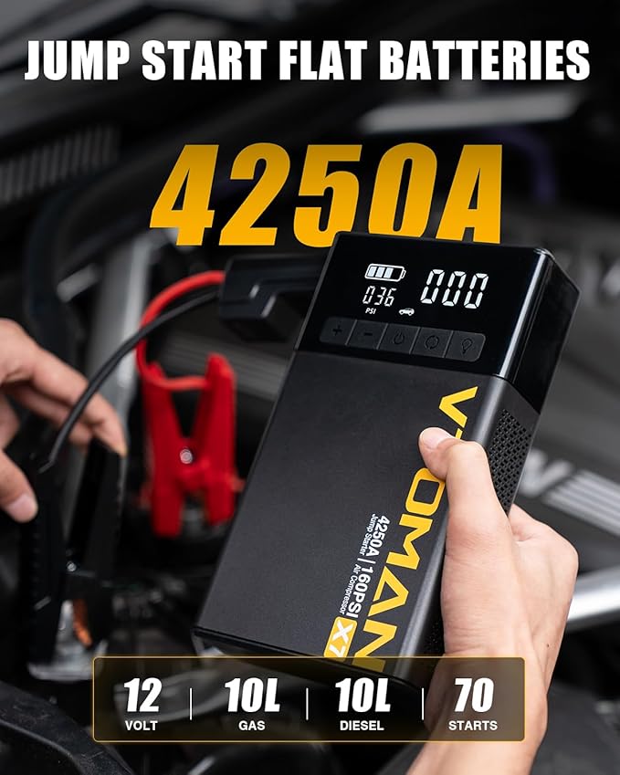 VTOMAN X7 Jump Starter with Air Compressor, 4250A&160PSI Battery Car Jumper Starter Portable Booster Pack (10L Gas/10L Diesel) with Tire Inflator, 12V Lithium Jump Box for Pickup Trucks & Suvs, QC 3.0