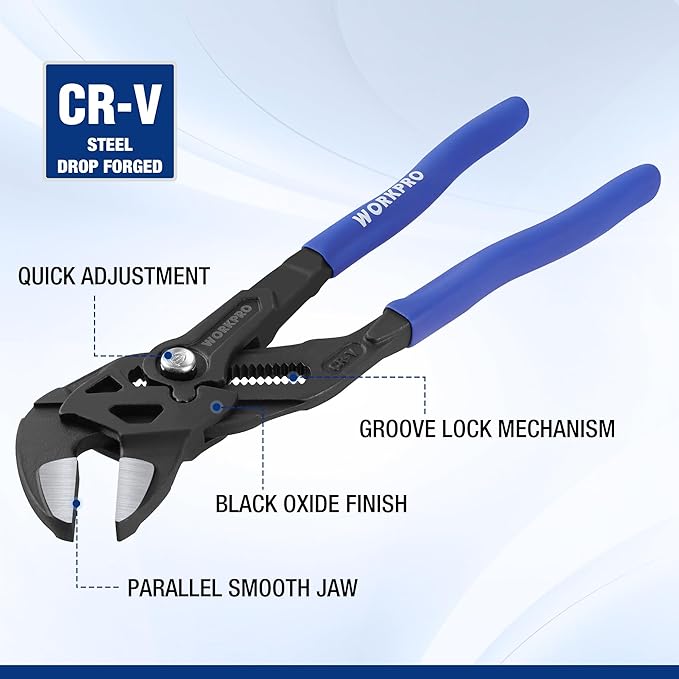 WORKPRO 10-Inch Pliers Wrench, CR-V Construction Wrench Pliers, Adjustable Parallel Smooth Jaw Pliers, Black Finish, Groove Lock Mechanism