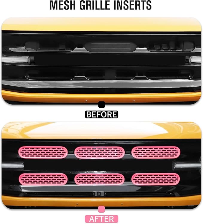 Jimen Compatible with Ford Bronco 2021-2023, 6PCS Front Grille Inserts Mesh Grill Cover Exterior Trim Accessories (Pink)