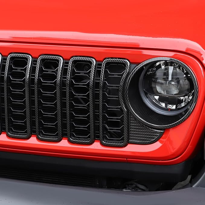Front Grille Grill Insert+Headlight Turn Light Cover Trim Fit for 2024-2025+ Jeep Wrangler JL JLU & Gladiator JT,Not Fit for JL Sport & Sports (Carbon Fiber)