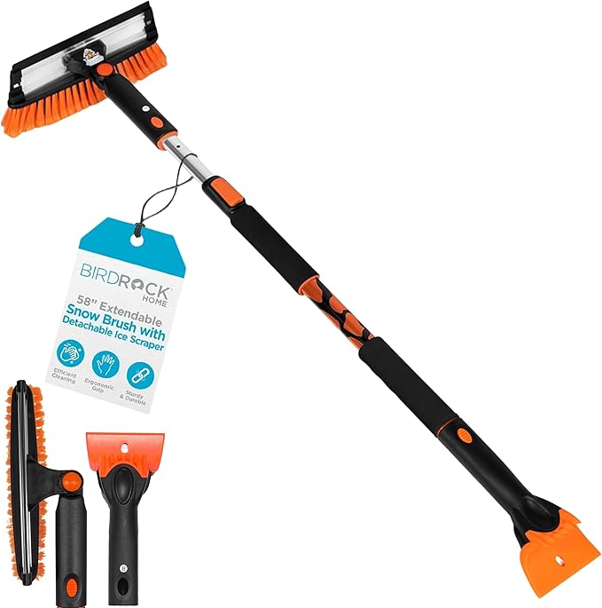 BIRDROCK HOME 58" Extendable Snow Brush with Detachable Ice Scraper | Heavy Duty, Non-Scratch for Cars, SUVs, Trucks | Windshield Paint Friendly | Telescoping Handle, Pivoting Squeegee & Bristle Head