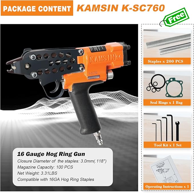 K-SC760 16 Gauge 1/2-Inch Hog Ring Gun, 3.0-4.8mm Closure Diameter Pneumatic Hog Ring Tool, Automatic Hog Ring Plier, Hog Ring Tool for Fencing, Cages (K-SC760 C Ring Gun)