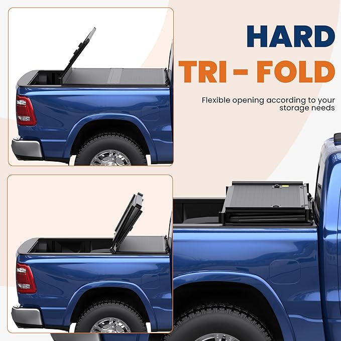 Fiberglass Tri Hard Truck Tonneau Cover Fleetside Compatible with 2009-2025 Dodge Ram 1500 Classic & New Body (w/o Ram Box)-5.8 FT Bed On Top 67.4 inch Bed Cover