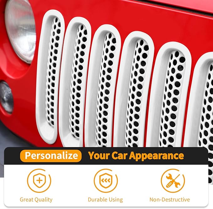 Hoolcar Front Grill Mesh Inserts Clip-in Honeycomb Grille Guard Cover Fit for Jeep Wrangler JK JKU 2007-2017, Exterior Accessories, White
