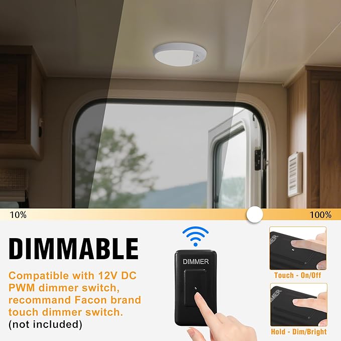 Facon 2Pack 12V DC RV Interior Light with PIR Motion Sensor & 3-Way Switch - Small Oval Pancake Ceiling Dome Light, 4000K Cool White, ETL Listed for RV, Motorhome, Camper, Boat