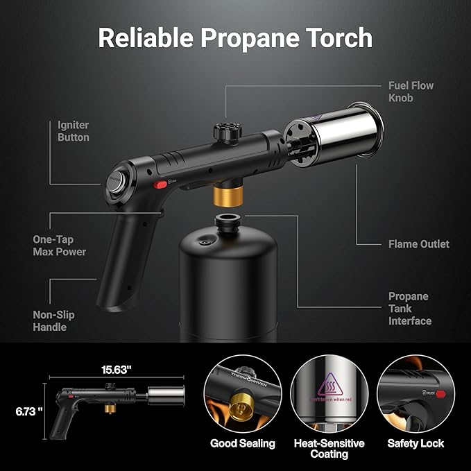 ThermoMaven Propane Torch with One-Touch Max Fire, Cooking Blow Torch Gun with Safety Lock, Charcoal Lighter, Flame Thrower, Gas Welding Kit Kitchen Food Torch Head for Grill, Sous Vide, BBQ, Black