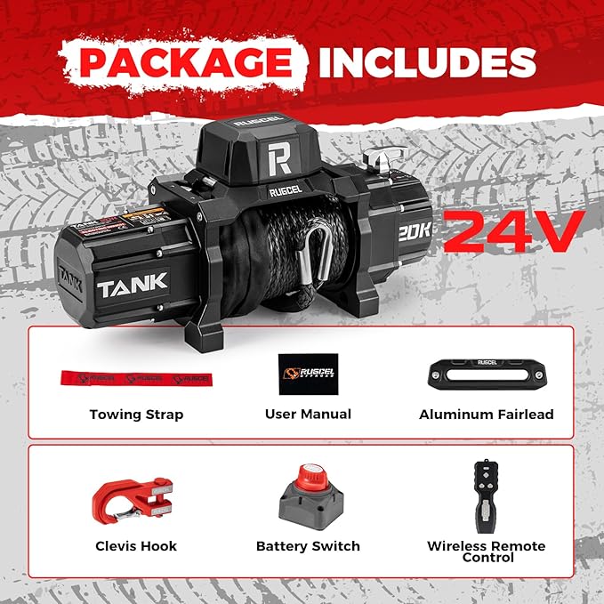 RUGCEL WINCH 20000lb 24V Extreme Duty Truck Winch, Waterproof Electric Synthetic Rope, Black Rope, for Truck,Van, 2 in 1 Wireless Remote Control, Tank Series.