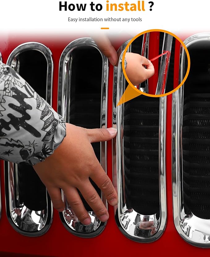 Hoolcar Grill Inserts Front Grille Mesh Cover Guard for Jeep Wrangler JK 2007-2017 Clip-on Grille Exterior Accessories, Chrome