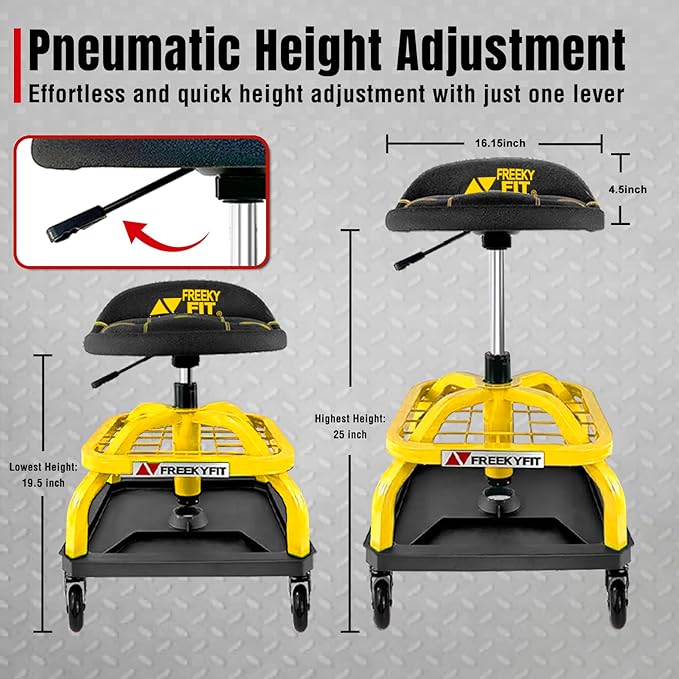 Rolling Shop Stool with Wheels, Garage Work Mechanic Stool with Backrest, Roller Mechanic Chair, Adjustable Height, 360° Swivel, Tool Tray Storage, 330 LBS Capacity, Heavy Duty, Yellow