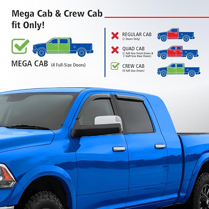 Goodyear Shatterproof Window Deflectors for Dodge Ram 2500/3500 2010-2026 Mega Cab, Tape-on Rain Guards, Window Visors,Vent Deflector Visor, Car Accessories,4 pcs. - GY008515