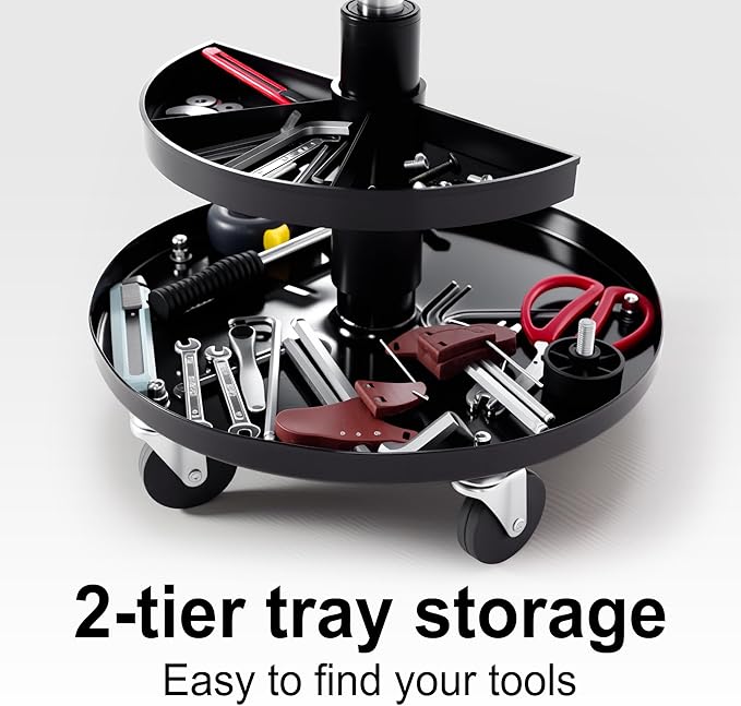 Frassie Rolling Mechanics Garage Seat Stool with Storage Tool Tray Adjustable Height for Auto Repair 300 LBS Capacity