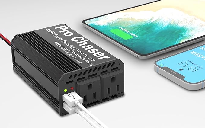 Pro Chaser 400W Car Power Inverter 12V DC to 110V AC Car Truck RV Inverter 6.2A Dual USB Charging Ports for Road Trips (USB C Adaptors Included) (Black)