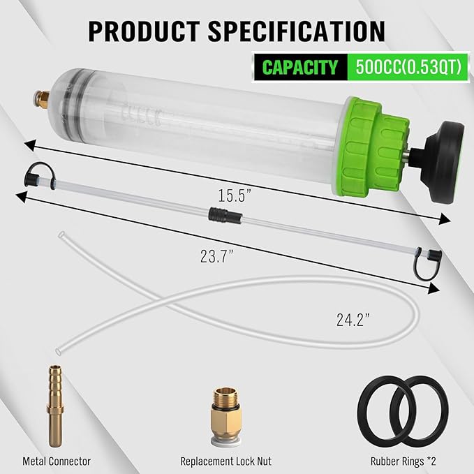 SWANLAKE 500cc Fluid Extractor & Fill Pump, Automotive Fluid Pump Extractor, Oil Change Pumps with 23'' Long Hose, 2PCS 12'' Extension Tubes, Suction Pumps for Lawn Mowers Cars