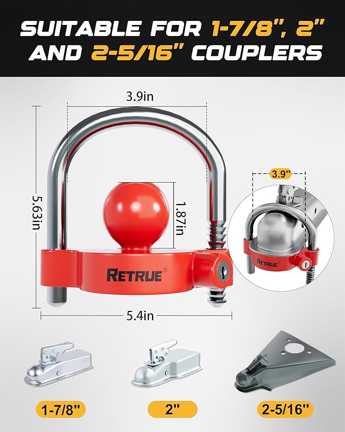 RETRUE Keyed Alike Trailer Lock Set Tow & Store Lock Kit Include Universal Coupler Lock & Dual Hitch Receiver Pin Lock & Trailer Tongue Lock, Red