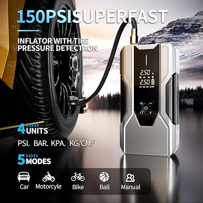 Emergency Portable Jump Starter with Air Compressor - 3000A 150PSI for Cars, Trucks & SUVs up to 9L Gas/7L Diesel, 12000mAh Portable Power Bank, -20°F Cold Start (Silver)
