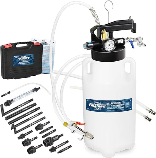 FIRSTINFO A1133NUSY2 Patented 8.5 Liter 16 Pcs Taiwan-ATF Filler Adapters | Pneumatic Transmission Fluid Dispenser Pump | Hanging Hook | 360° Z-Swivel Air Inlet | Spring Structure Hose