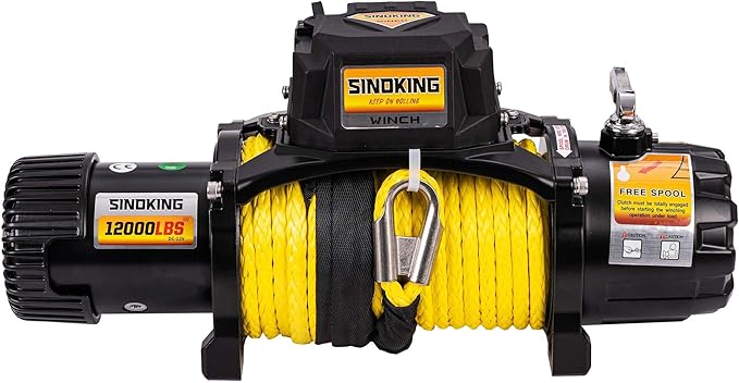 SINOKING 12V Electric Winch 12000 lb. Waterproof Synthetic Rope Offroad Winch with Wireless Remote Control for 4WD Vehicle