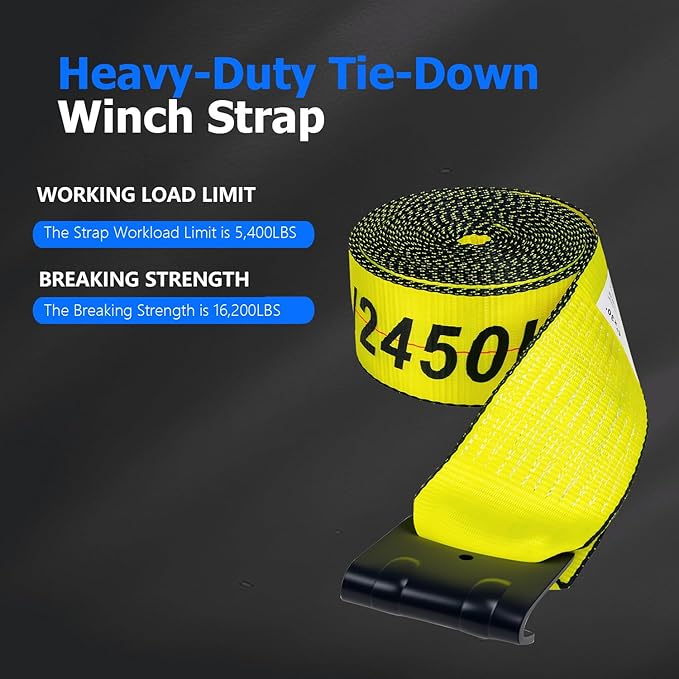 4 inch x 30' Straps for Flatbed Trailer (10 Pack), Heavy Duty Tie Down w/Flat Hooks 18,000lbs Break Strength, WLL# 6000lbs, Winch Straps for Flatbeds, Trucks, Trailers, Farms, Rescues, Tree Saver