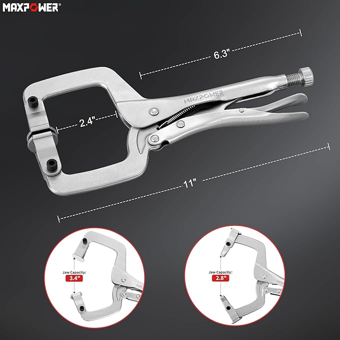 MAXPOWER 11-Inch C Clamp Locking Pliers Set, Flexible Jaws Change with Pads or Regular Tips