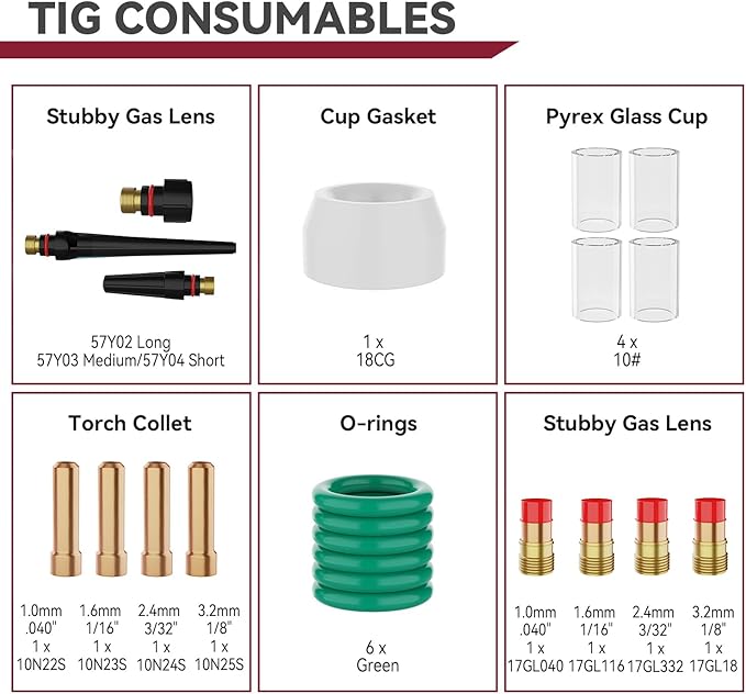ARCCAPTAIN 22Pcs TIG Welding Torch Stubby Gas Lens #10 Glass Cup Kit for WP-17/18/26