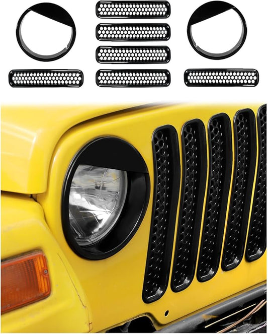 Hoolcar Grill Inserts Front Grille Mesh Cover Guard + Angry Eyes Front Headlight Trim Cover Frame for Jeep Wrangler TJ 1997-2006 Exterior Accessories