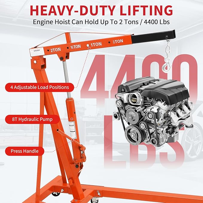 2-Ton Folding Engine Hoist Cherry Picker 4400 Lb Capacity Hydraulic Shop Crane with Telescoping Boom 6 Caster Wheels for Automotive Repair Garage Use Includes Hitch and Storage Stand Orange