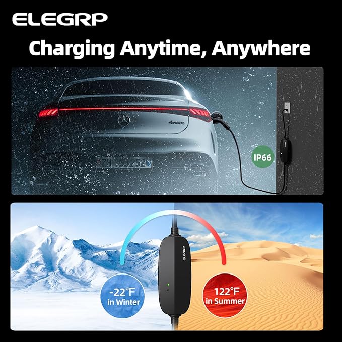 ELEGRP Level 1/2 EV Charger, 16 Amp, Portable J1772 Electric Car Charger, 25FT Cable, NEMA 6-20 & 5-15 Adapter, 110V-240V for BEVs/PHEVs, PBE & LRC Technology