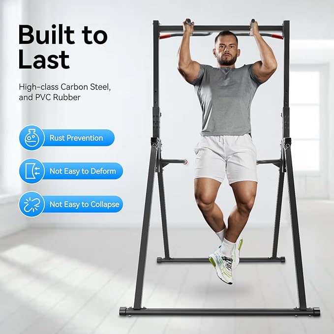440.92LBS Pull Up Bar Station, Portable Pullup Bar Station, 5.74-7.55ft Height Adjustable 1.2MM-wall Stable Triangular Structure PVC Carbon Steel Freestanding Home Training Workout Dip Stands