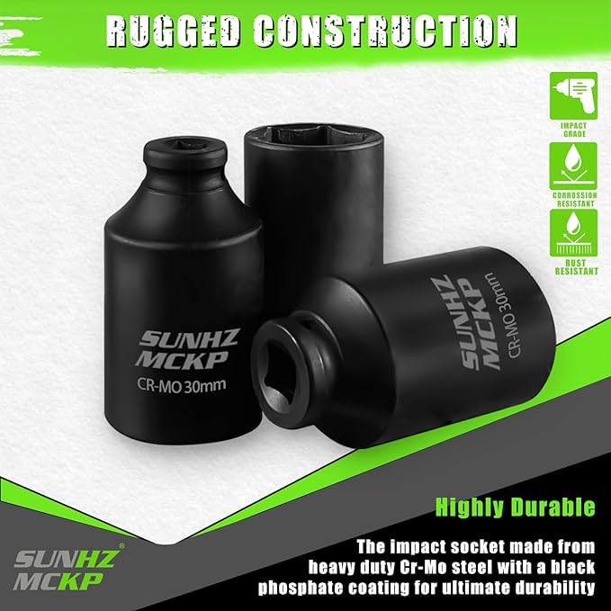 SUNHZMCKP 1/2" Drive Impact Socket, Metric 30 mm Deep 6 Point Socket, CR-MO, Axle Nut Impact Grade Socket for Easy Removal