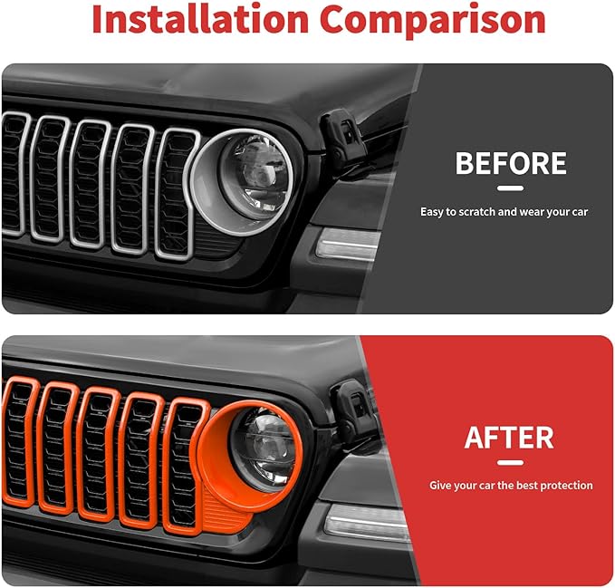 Front Grille Grill Insert+Headlight Turn Light Cover Trim Compatible with 2024-2025+ Jeep Wrangler JL JLU & Gladiator JT Exterior Accessories,Not Fit for JL Sport & Sports (Orange)