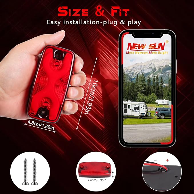 NEW SUN Superior 2Pcs Red Trailer Top & Side Marker Lights, Waterproof IP 67, Halo Neon Design for Turn, Stop, Tail Lamps for Truck, Camper, RV, Bus, 16 Super Bright LEDs, 4"x2" Lens Ultrawide Angle