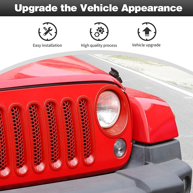 CheroCar for JK Mesh Grille Grill Insert & Headlight Cover Trim Exterior Accessories for Jeep Wrangler JK 2007-2017,Red…