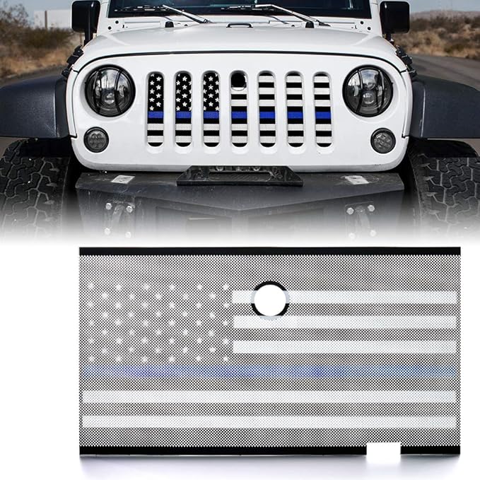 Xprite Aluminum Alloy Grill Mesh Insert Law Enforcement Blue Stripe with Hood Lock Hole Compatible with 2007-2018 Jeep Wrangler JK JKU Stock Grill