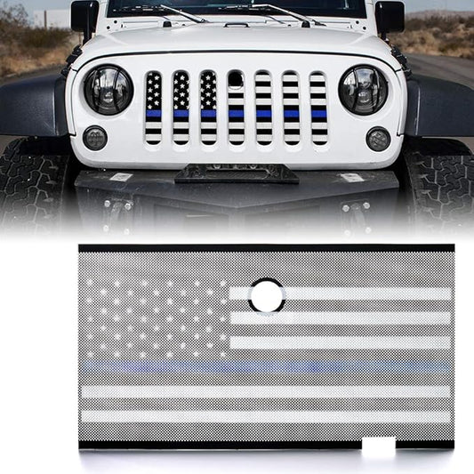 Xprite Aluminum Alloy Grill Mesh Insert Law Enforcement Blue Stripe with Hood Lock Hole Compatible with 2007-2018 Jeep Wrangler JK JKU Stock Grill