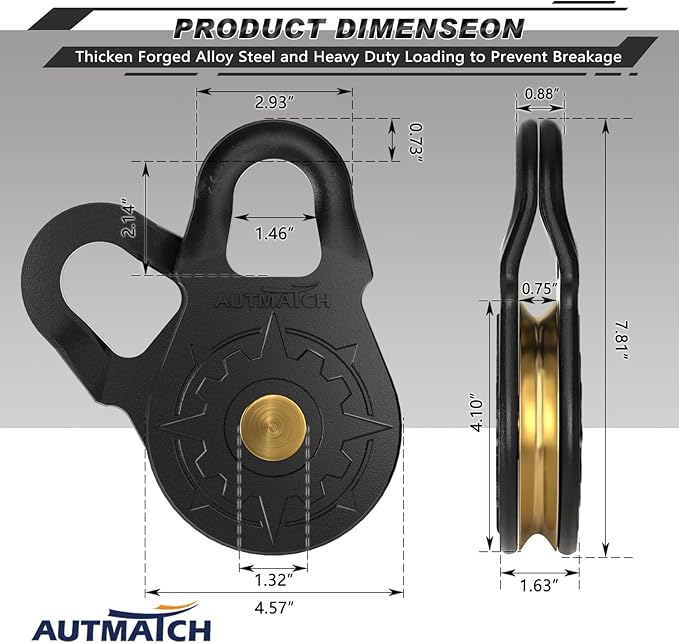 AUTMATCH Winch Snatch Block 18 Ton - Winch Pulley (79,366 Lbs) Break Strength, Heavy Duty Off Road Recovery Towing Pulley Blocks for Synthetic Rope or Steel Cable, Truck, UTV, ATV, Frosted Black
