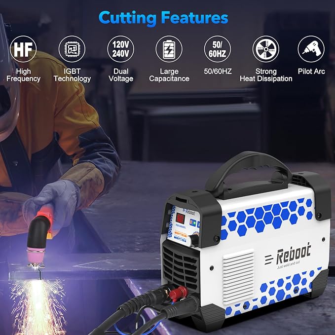 Reboot Plasma Cutter, 2025 Upgraded 60Amps Cutter Machine with 120/240V Dual Voltage DC Inverter IGBT 1/2 Inch Clean Cut for Beginners DIY and Small Business Projects