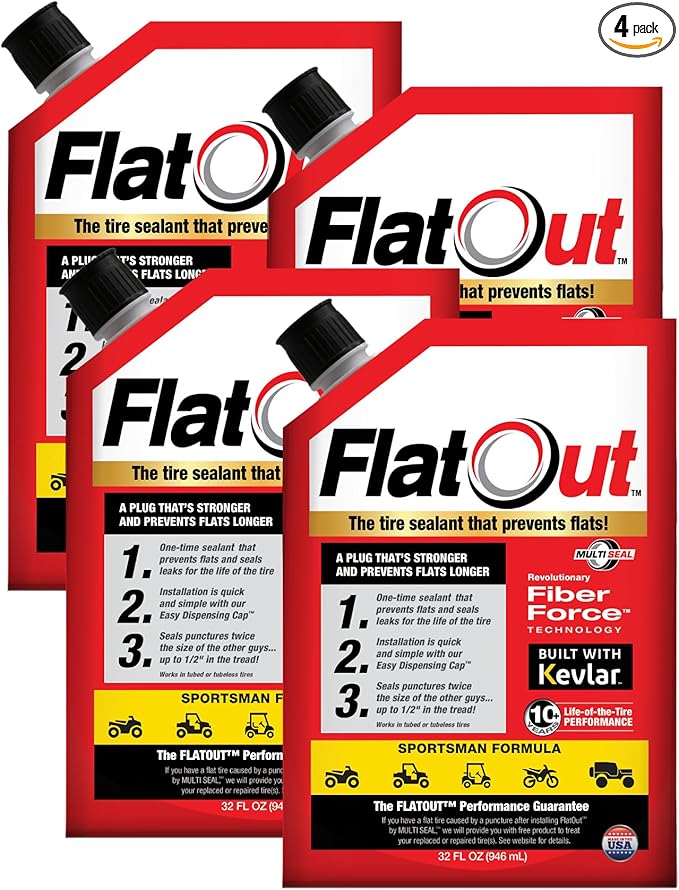 Flat Out Off Road Tire Sealant, Sportsman Formula, Prevents Flat Tires, Fix a Flat Tire, Seals Leaks, Contains Kevlar, 32 Ounce Bag, 4-Pack