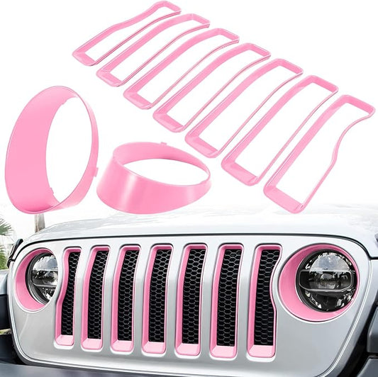 Front Grille Mesh Inserts & Headlight Cover for Jeep Wrangler JL JLU Sport & Sport S Only 2018-2023 Exterior Accessories Clip-in Grille Guard Cover Headlight Bezels Trim Ring (Pink 9PCS)