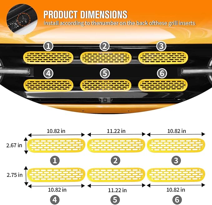 Jimen Compatible with Ford Bronco 2021-2023, 6PCS Front Grille Inserts Mesh Grill Cover Exterior Trim Accessories (Yellow)