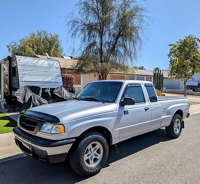 Lightronic Extra Durable Tape-on Auto Vent Window Visor, Fits 1999-2011 Ford Ranger SuperCab w/Fixed Rear Window; 1999-2010 Mazda B-Series Ext. Cab, UV Protect Rain Guard Wind Deflector, Smoke, 4-Pcs
