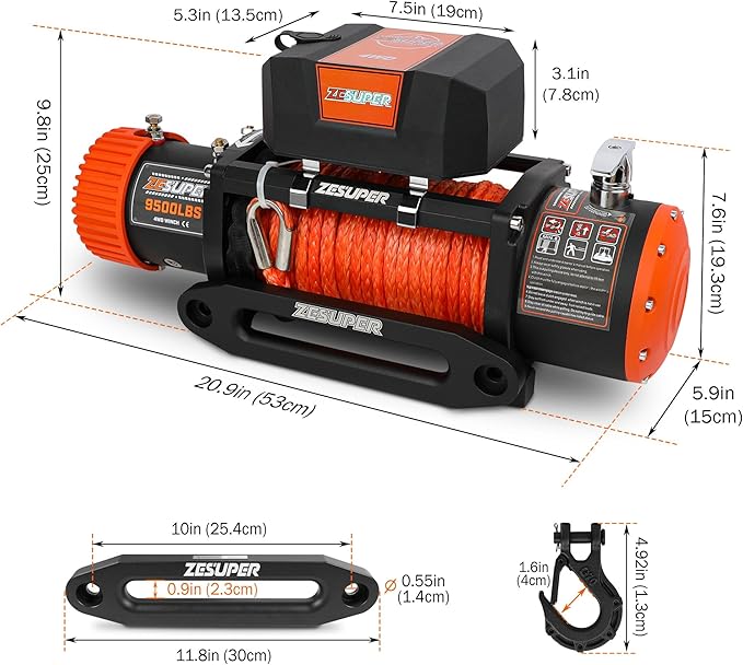 ZESUPER 9500 lb Electric Winch,12 Volt Winch with Wireless Handheld Remotes and Wired Switch,Hawse Fairlead,Hook,Synthetic Rope Waterproof IP68 Winch for Jeeps,SUV,Trailer Truck