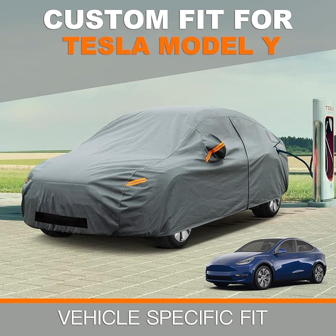 Kayme Heavy Duty Car Cover Waterproof All Weather, Custom Fit for Tesla Model Y, Outdoor SUV Cover with Charging Port and Breathable Ventilation Mesh, Zipper Door Car Cover - Sun and Rain Protection
