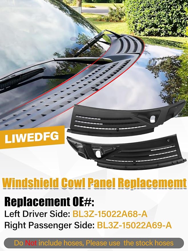 Front Windshield Wiper Cowl Grille Insert Panel Compatible with Ford F150 2009-2014 OE-Style Replaces for BL3Z15022A68A BL3Z15022A69A, Left+Right Cowl Top Cover Vent Panel without Hoses and Nozzles