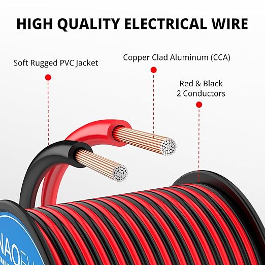 NAOEVO 16 Gauge Wire 150FT, 2 Conductors Electrical Wire Red Black Cable, Flexible/Low Voltage/PVC 16 AWG Copper Clad Aluminum Extension Cord for Speaker, LED Strips, Automotive 12V/24V DC