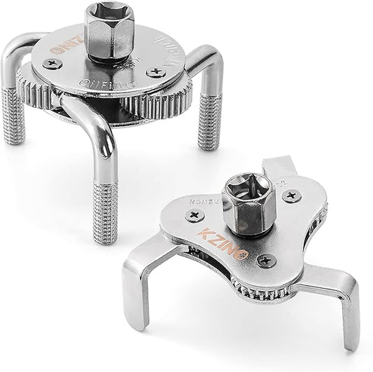 KZINO Oil Filter Removal Tool, Universal Oil Filter Wrench, Oil Filter Removal Tool Adjustable 2-1/2 to 4 inch & 3 to 5-1/2 inch, 1/2" Drive, Oil Filter Change Set (Flat & Round Set)